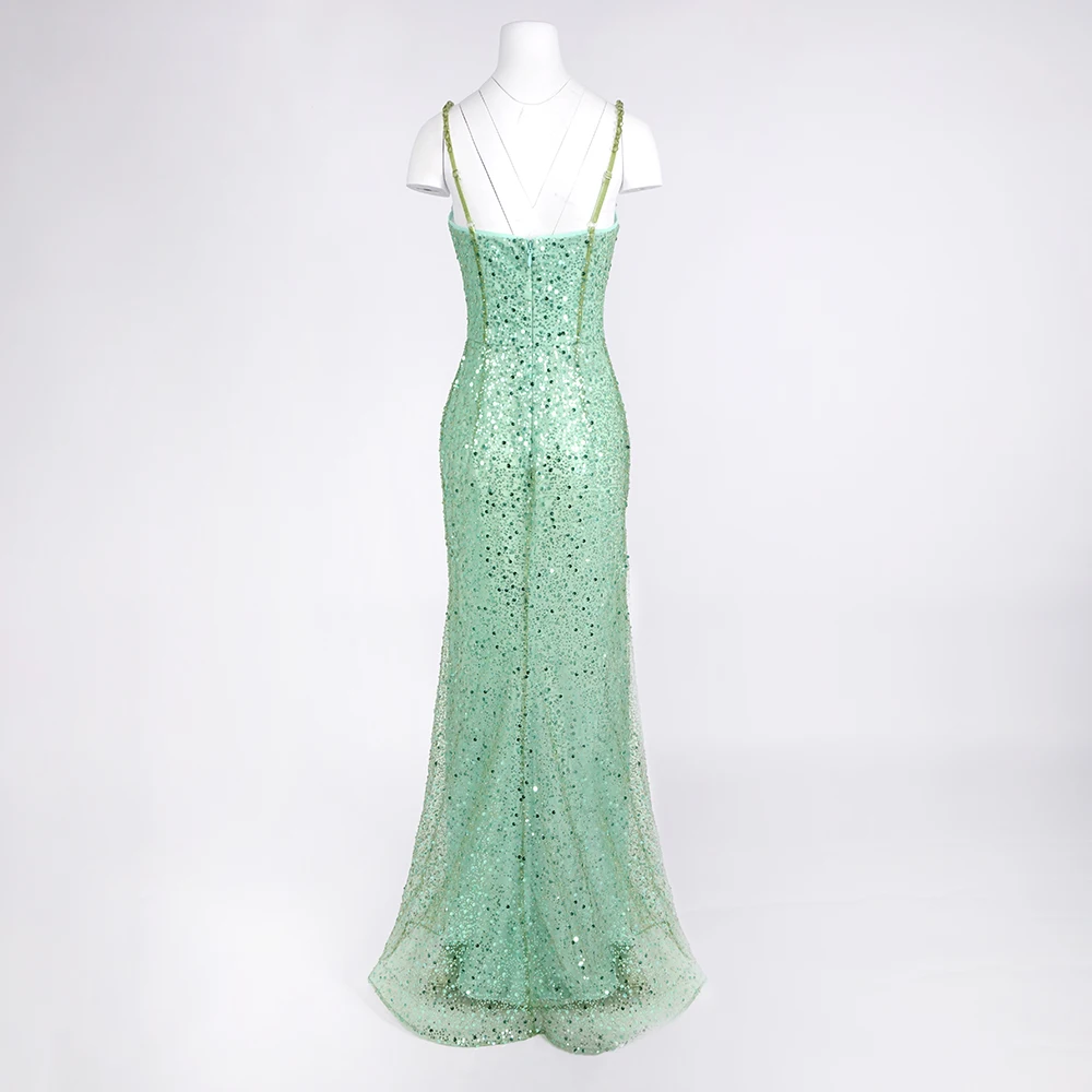ディープ V ネック ハイ スリット マーメイド ロング ドレス付き高級グリーン スパンコール イブニング ドレス – 女性のプロム フォーマル パーティー マキシ ベスト
