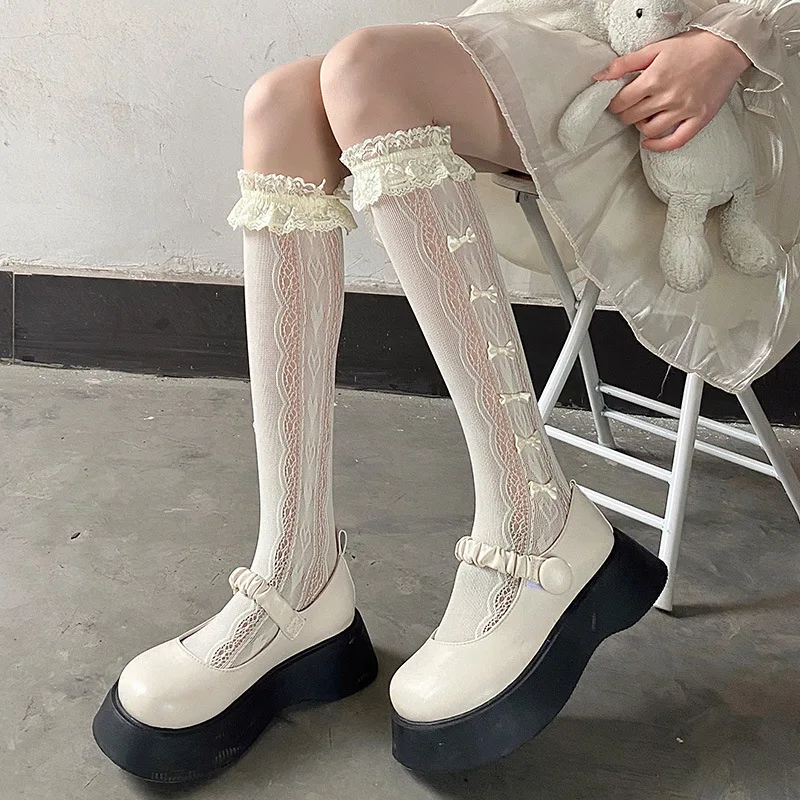 Stockings Woman Summer Thin Solid Color Bowknot Lace Middle Tube JK Lolita Cute Socks Black White Fishnet Stockings for Women