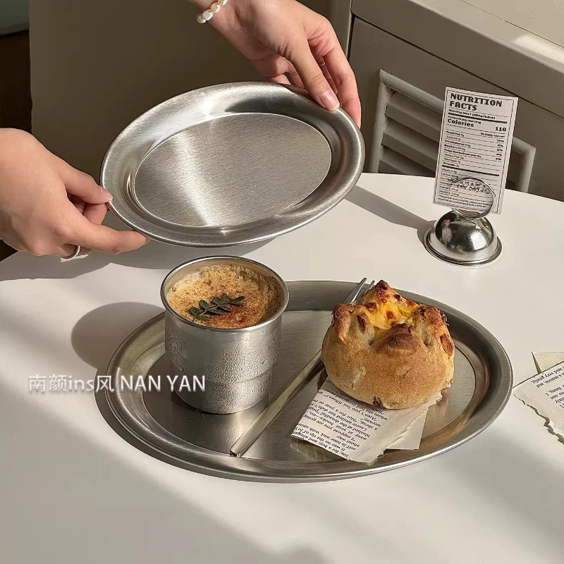 

LMM Stainless Steel Oval Plate Coffee Shop Dessert Dim Sum Plate Coffee Cup Tray