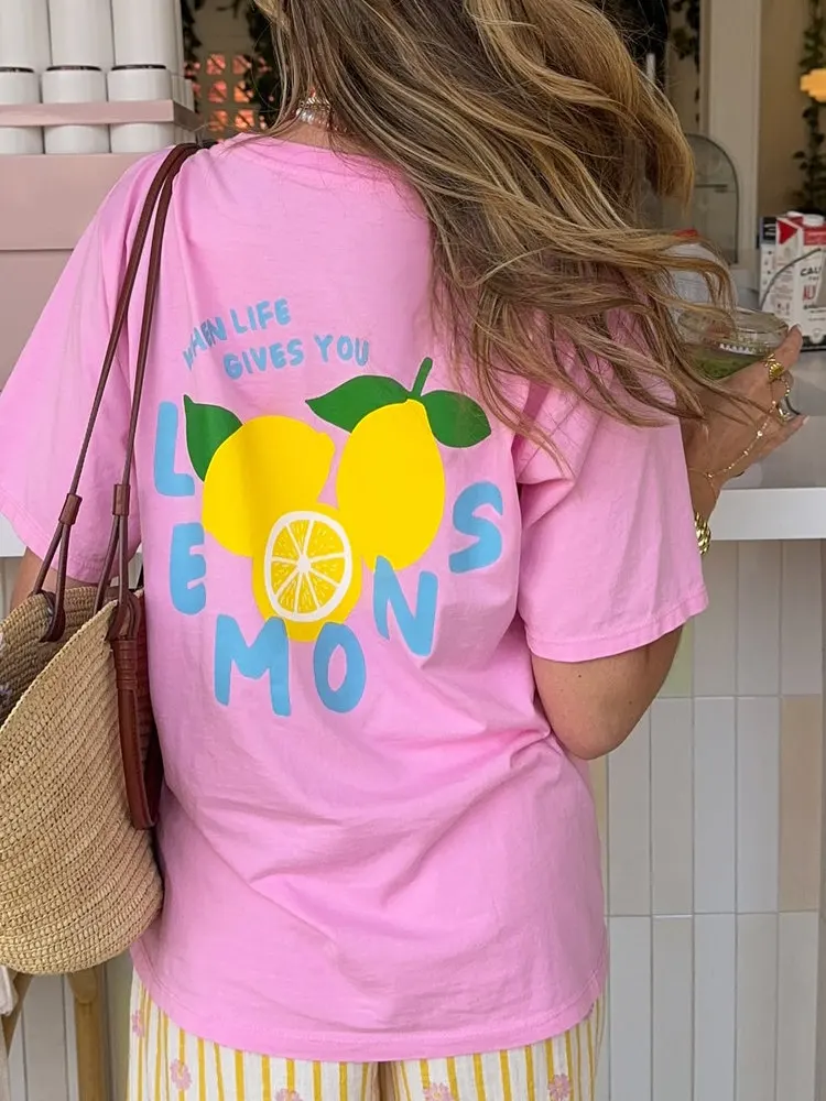 

Retro American Lemon Fruit Print Loose Short Sleeve Women's T-shirt Pink Summer Street Style Cotton Casual round Neck Top