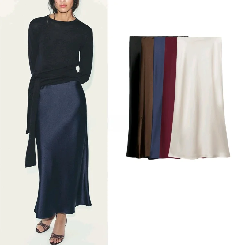 

Winter New Arrival Silk Satin Midi Skirt Simple Straight High Waist A-Line Casual Polyester Fiber Waed Design Women's Skirt