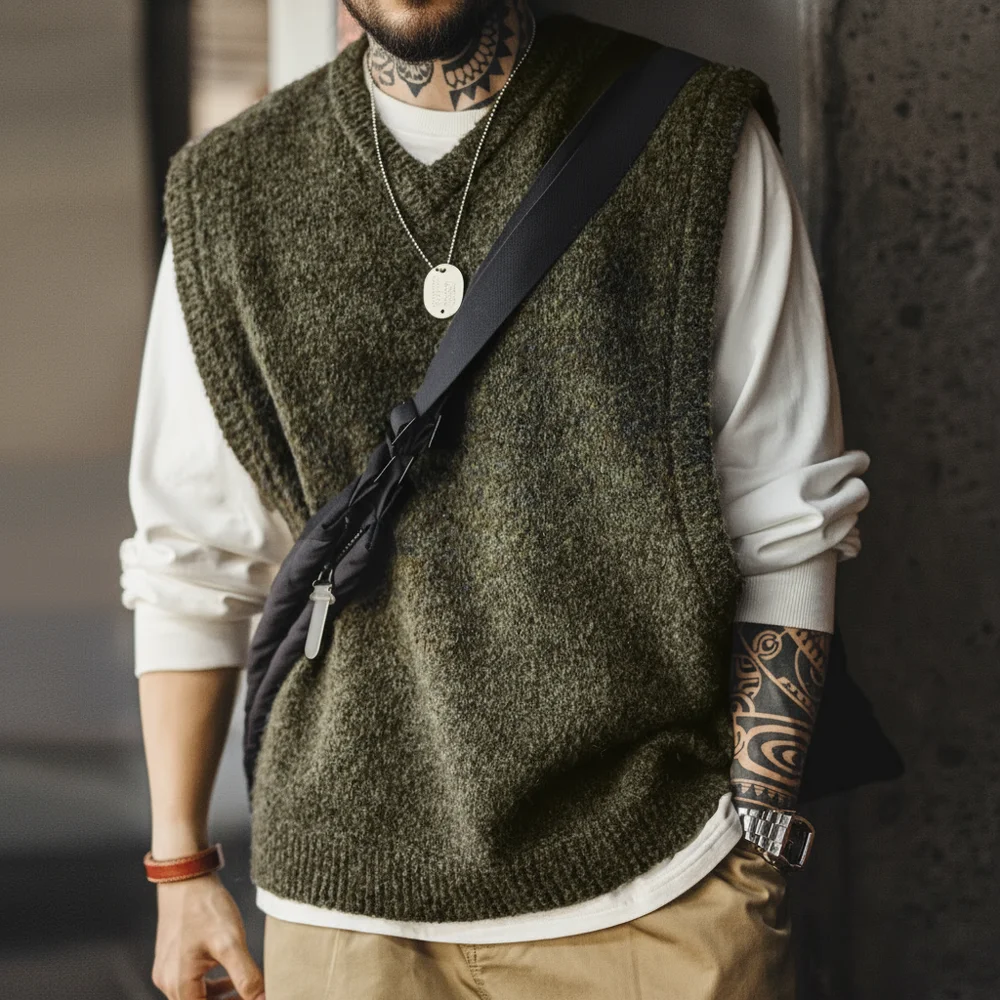 

Maden Retro Knitted V-neck Vest for Layering Solid Pullover Warm Sleeveless Waistcoat for Men's Fall and Winter Knitted Tops