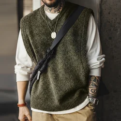 Maden Retro Wool-Blend Knitted V-neck Vest for Layering Pullover Warm Sleeveless Waistcoat for Men's Fall Winter Knitted Tops