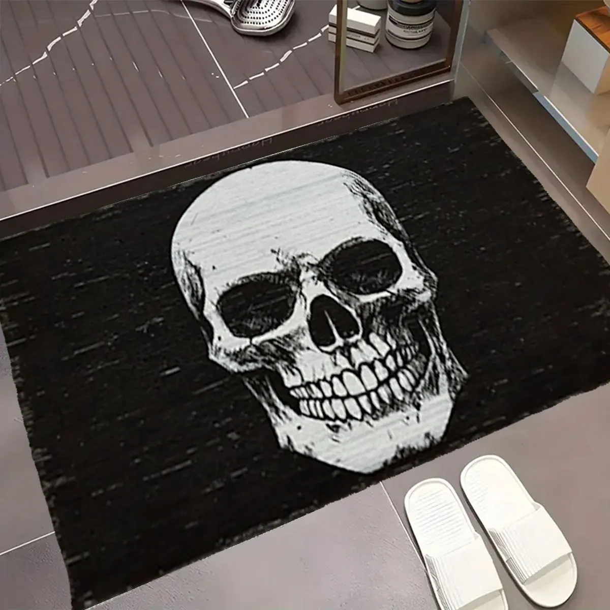 Gothic Skull Doormat Mat Black Skeleton Welcome Mat Halloween Decorations Indoor Outdoor Entrance Accent Rug Grunge Style Home