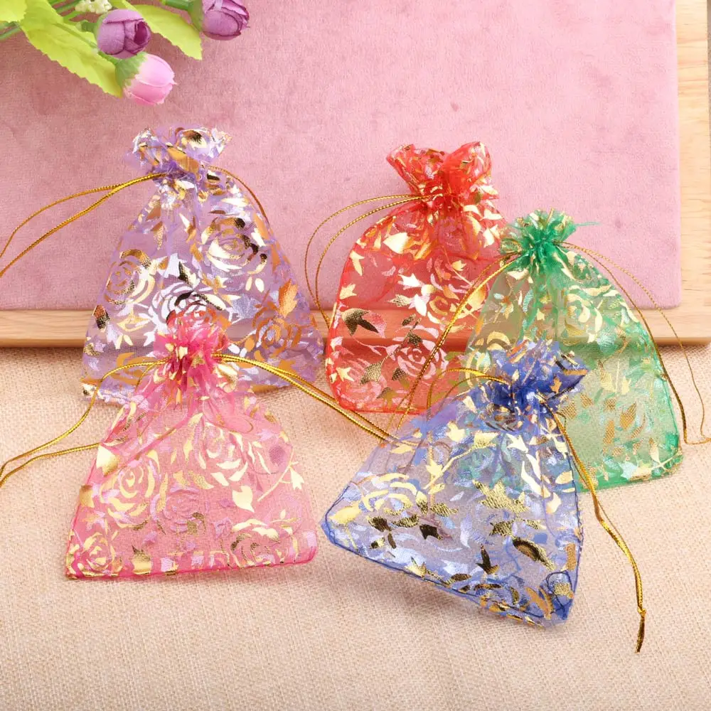 25/50pcs Rose Organza Jewelry Bag Gold Color Flower Printing Party Wedding Christmas Candy Gift Drawstring Packaging Pouches view 5
