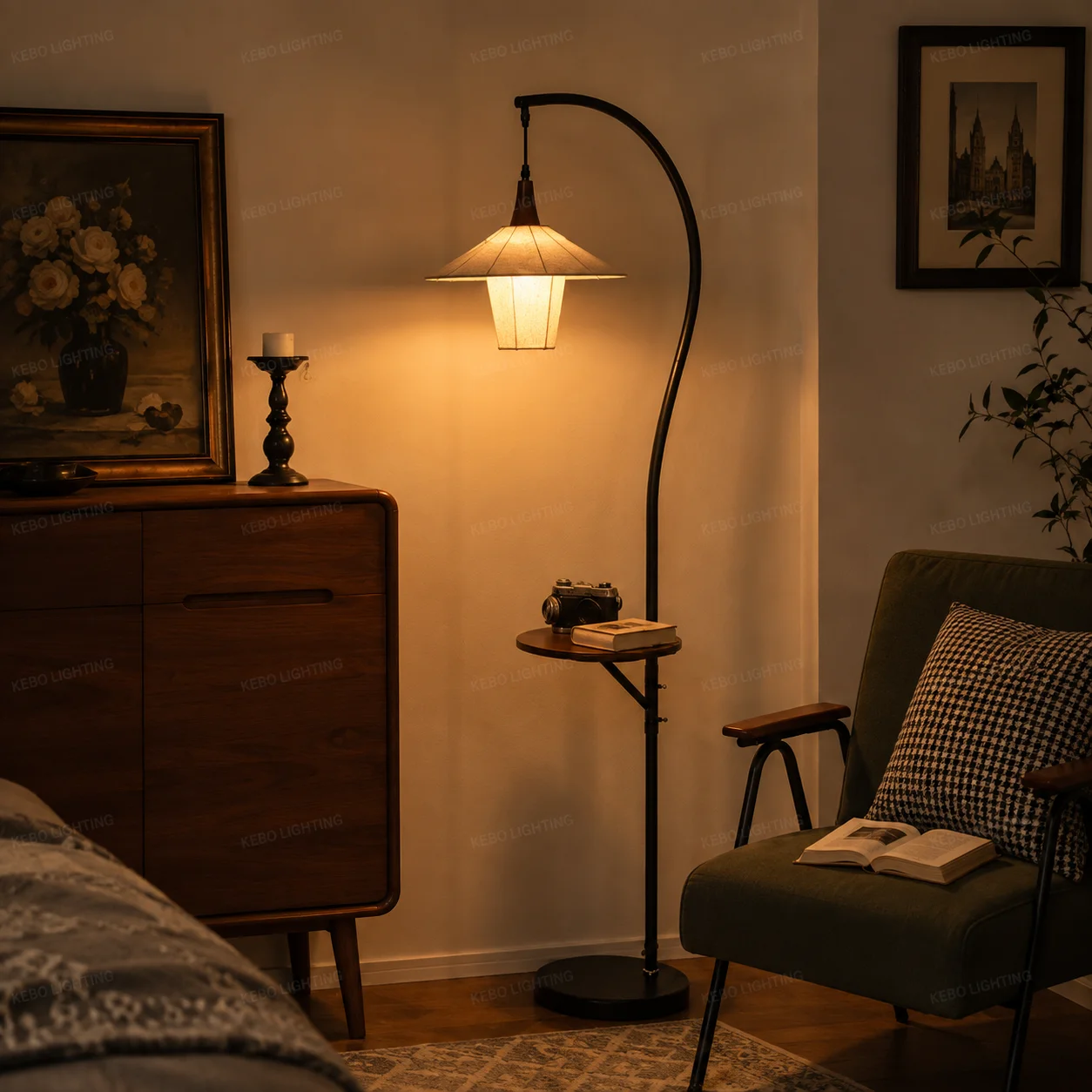 Walnut Shelf Floor Lamp Wood | Storage Shelf Lamp, Standing Corner Lamp with 8W Bulb for Living Room Decor, Bedroom, Office