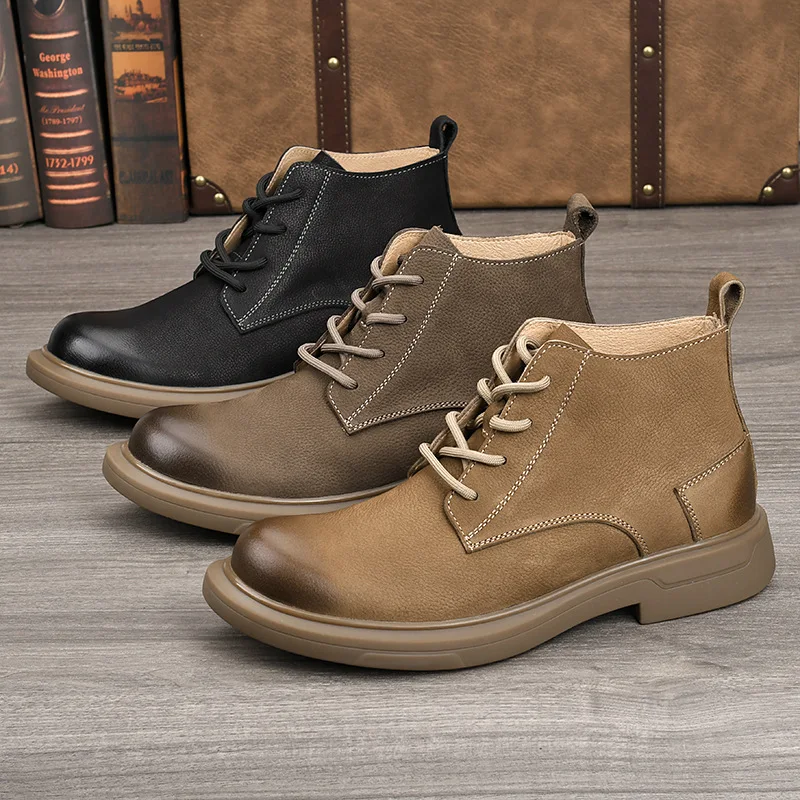 LIHUAMAO Botas de trabajo de cuero de vaca de grado A, botas de motocicleta, botas occidentales, zapatos informales para hombre, calzado para exteriores, botas de senderismo