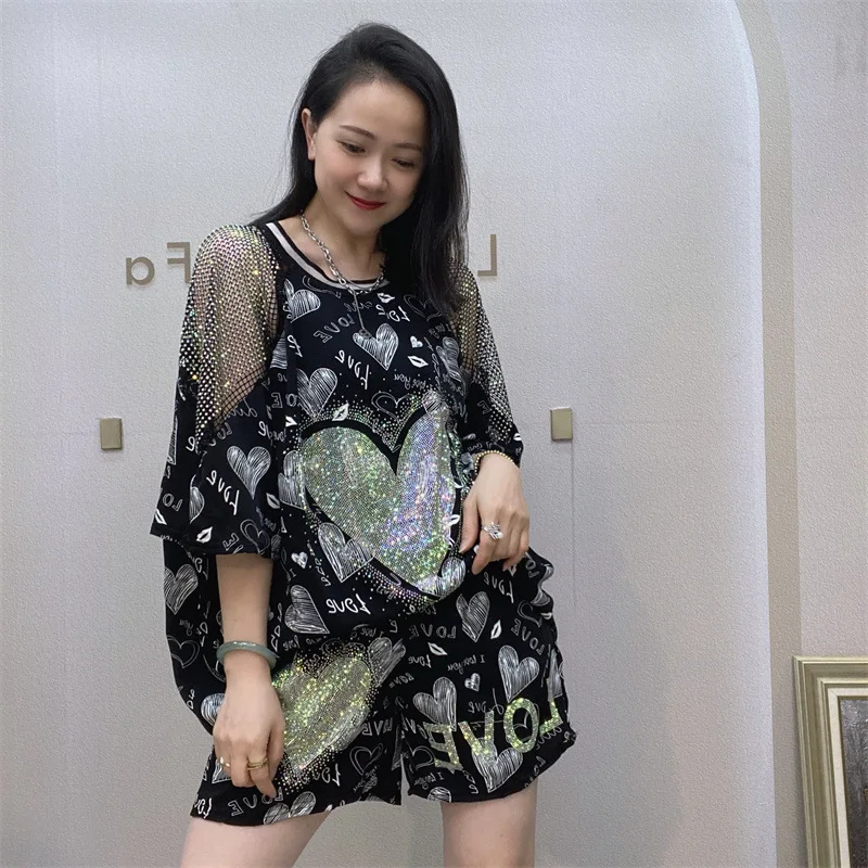 

2024 Summer Clothing Two Piece Sets Womens Outfits Love Diamonds Strapless Tracksuit Casual Loose Tops and Shorts Ensemble Femme