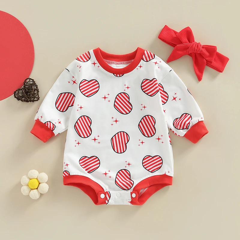 Valentine s Day Baby Girl Outfit Pink Heart Print Romper with Matching Headband and Booties Set for Infants