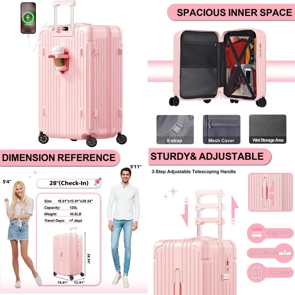 28 Inch Hardside Spinner Luggage with USB Port, Cup Holder, TSA Lock, and PC+ABS Material for Travel