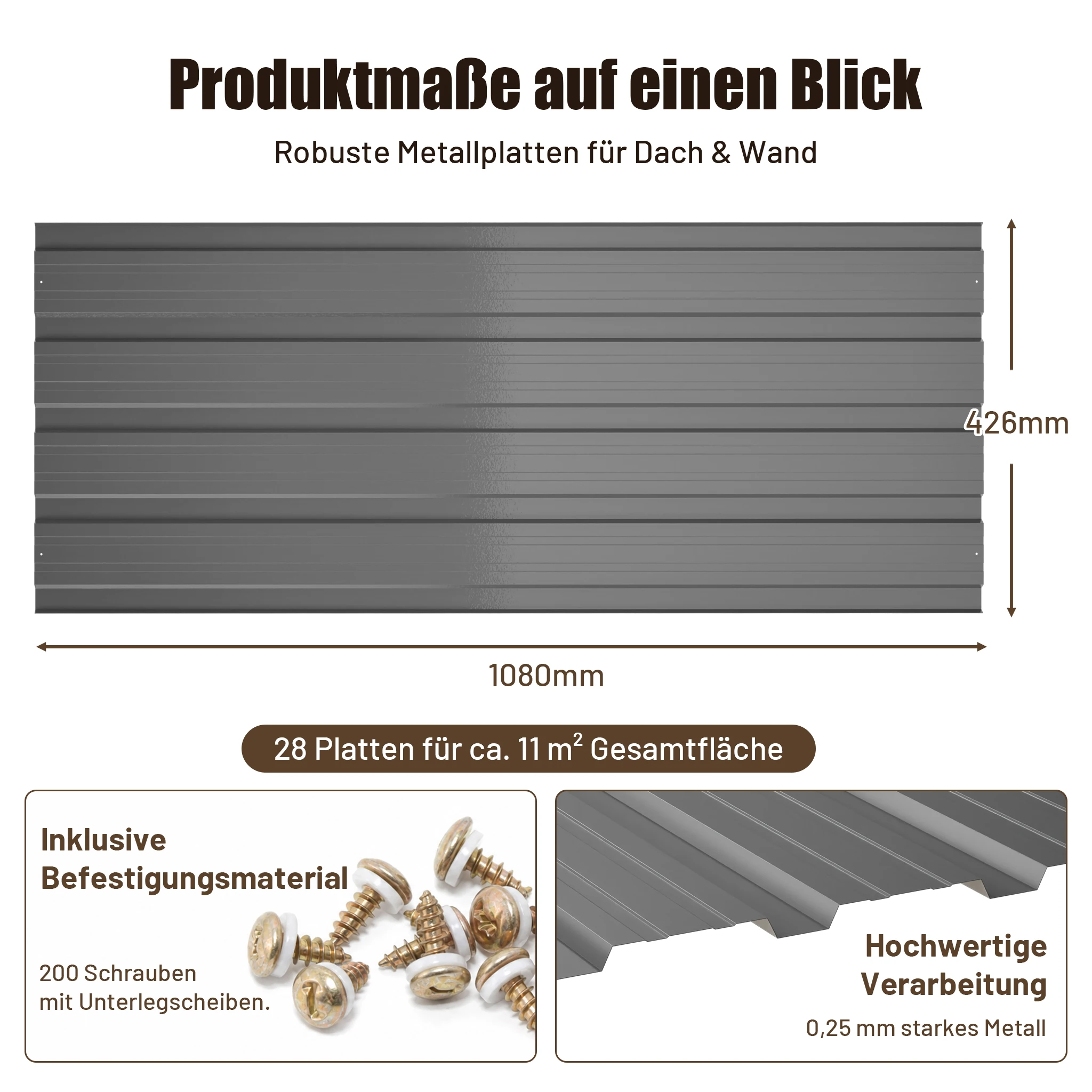 108×42,6 cm Pergola aus verzinktem Stahl, Pergola, Außendächer, Wellblechdachplatten, Außenkonstruktionen und Schattenspender, Gazebi Da Esterno, wetterbeständige und rostfreie Wandverkleidung