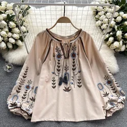litmage Women Spring Autumn Blouse Ethnic Style Retro Literature Loose Embroidered Cotton Linen Pullover Shirt Casual Top D3549