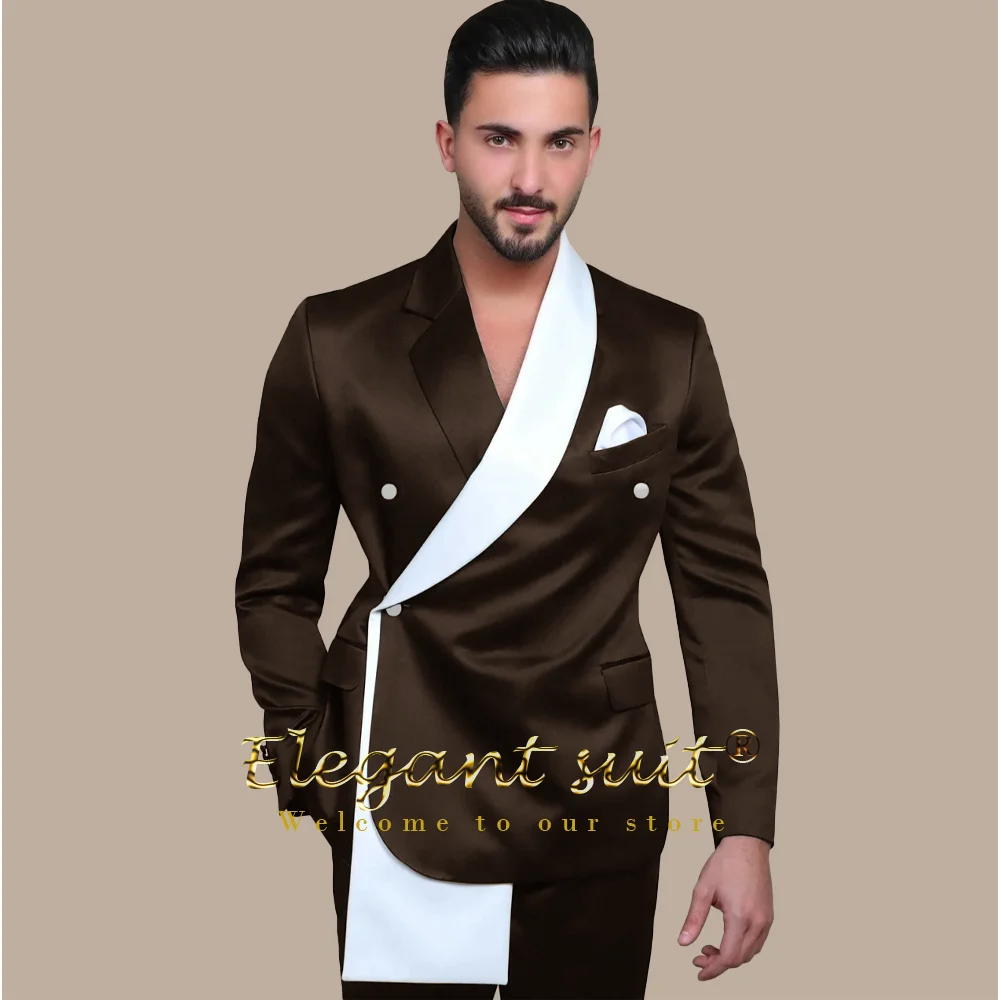 Men's 2 Piece Stylish Suit Dark Green Satin Blazer with White Details & Pants Premium Attire for Distinguished Occasions
