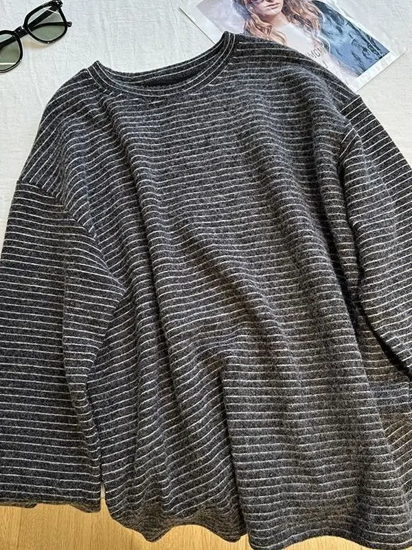 

Женская флисовая толстовка больших размеров (до 300 фунтов) с длинным рукавом, в полоску, повседневная, свободного кроя, средней длины, для зимы