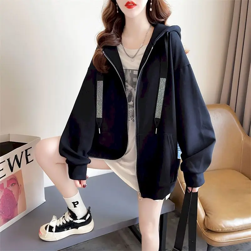 Womens Hoodies Hot Diamond Denim Patchwork Hooded Jacket Spring Fall Trend Thin Zip Up Cardigan Hoodie Cartoon Coat Y2k Clothes