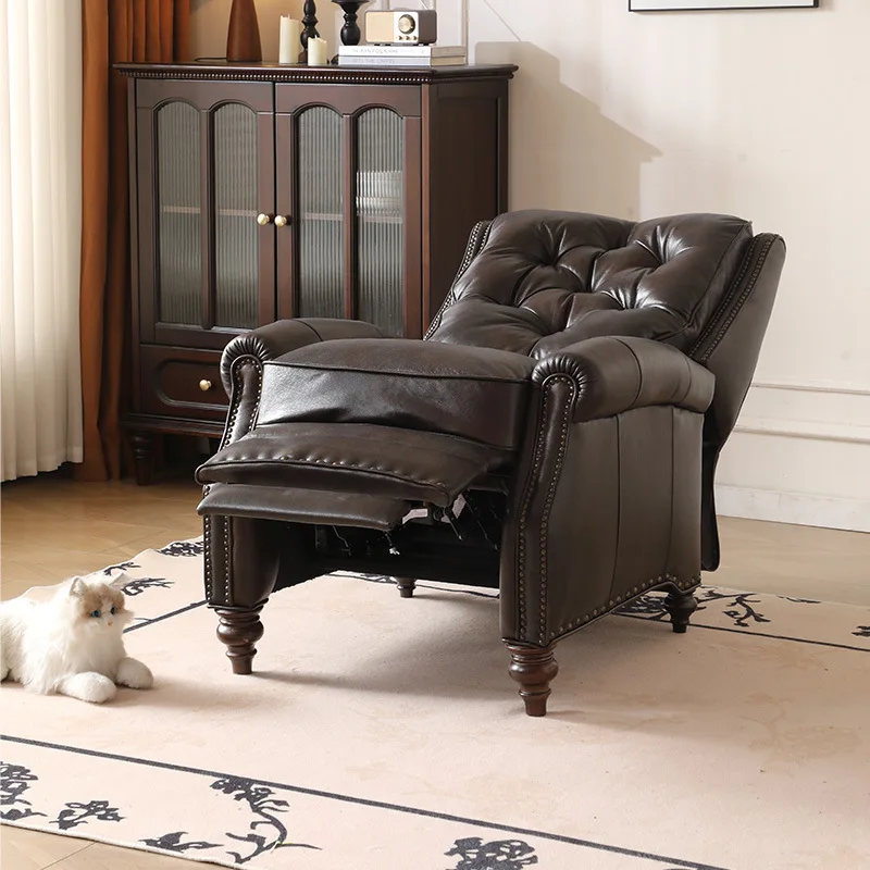 

Style Genuine Leather Single Sofa Reclining Lazy Multi-Functional Lounge Chair Vintage Living Room Furniture