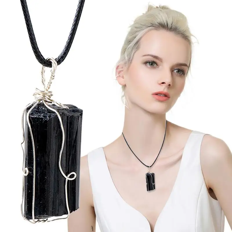 Obsidian Necklace Men Crystal Pendants Wire Wrapped Natural Gemstone Obsidian Pendant With Adjustable Rope Increase Self