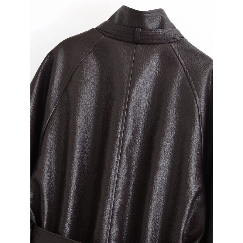 2026 Herbst Winter Damen Hochgeschlossene Kunstlederjacke Langarm mit Gürtel Vintage Streetwear Lässiger Damen-Oberbekleidungsmantel – Detail 13