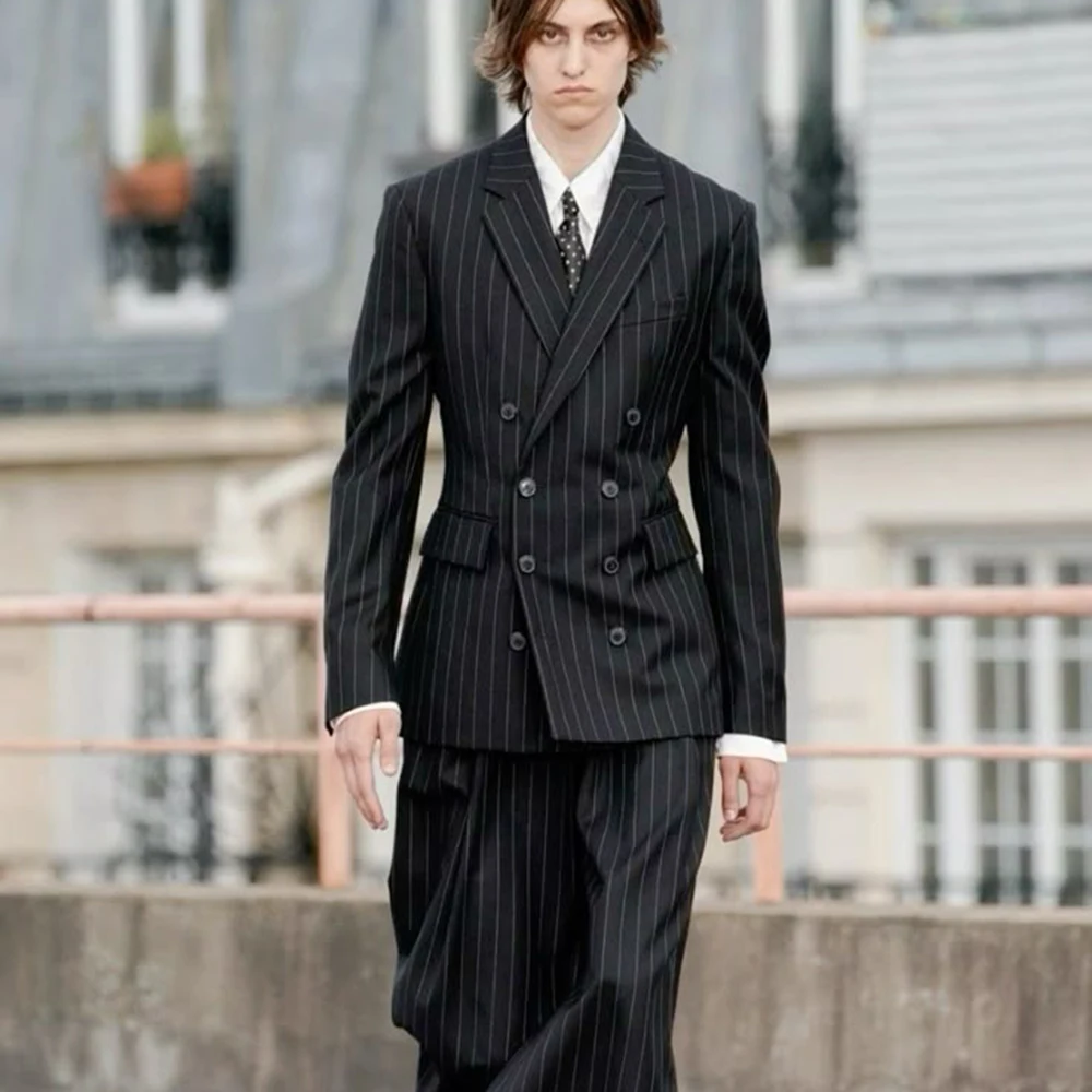 

Black Stripes Men's Slim Fit Suit 2 Piece Jacket Pant Sets Notch Lapel Double-Breasted Fashion Office Male Clothing Outfits