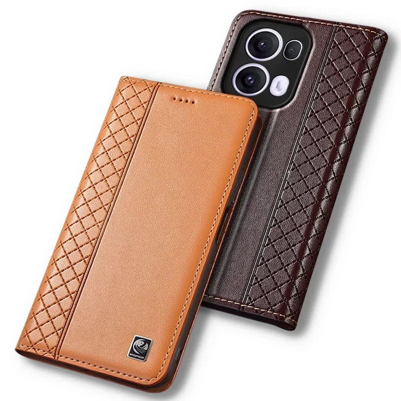 Flip Case For OPPO Reno 13 Reno13 Pro F 5G Grid Pattern Magnetic Cover Luxury Cowhide Genuine Leather Card Pocket Wallet Covers