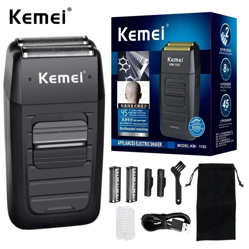 Kemei KM-1102 Rechargeable Cordless Shaver for Men Twin Blade Reciprocating Beard Razor Face Care Multifunction Strong Trimmer