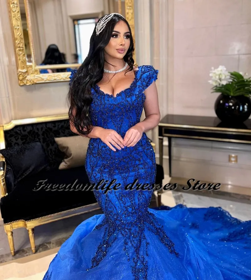 فساتين سهرة بحورية البحر من Vestidos Formales للنساء مزينة بالدانتيل مطرز بالخرز عربي دبي للحفلات الراقصة فستان حفلات الزفاف