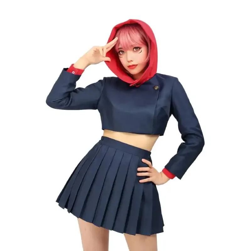 

WENAM Itadori Yuji Female Version Costume Set Itadori Yuji Hooded Jacket Uniform High Waist Skirt for Women Halloween Costume
