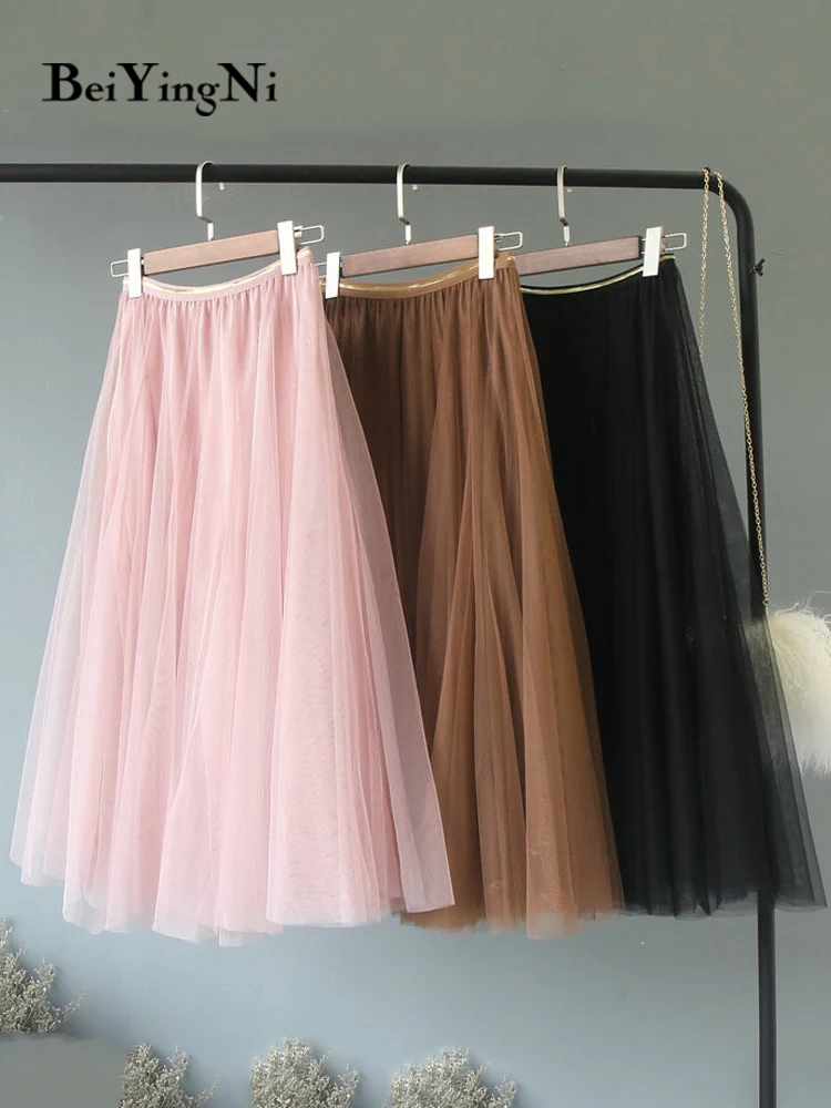 

Beiyingni Tulle Skirts Women Mesh Elastic Waist 4Colors Tutu Skirt Sweet Kpop Fashion Bridesmaids Pleated Skirts Falda Saia Midi