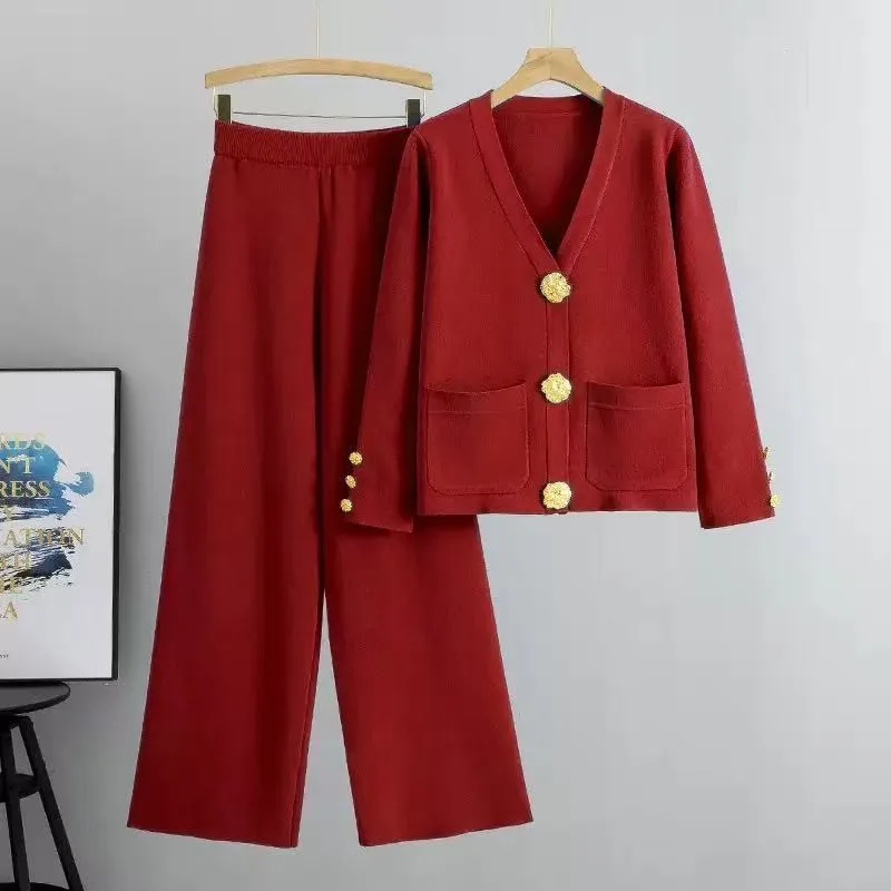 Autumn/Winter Two Piece Set New Slimming Knitset Women'S Sweater Buckle Design Sensibility Sleeve Opening Color Blocking
