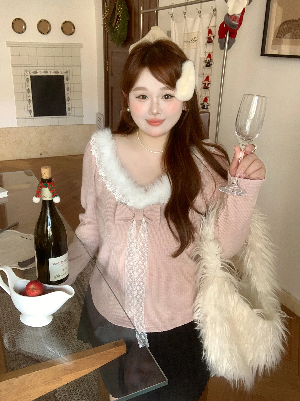 

plus Size Knitted Sweater Women's Faionable Pink Wool Collar Slim Fit Top for Plump Sister Commute Sle Long Sve Knitwear