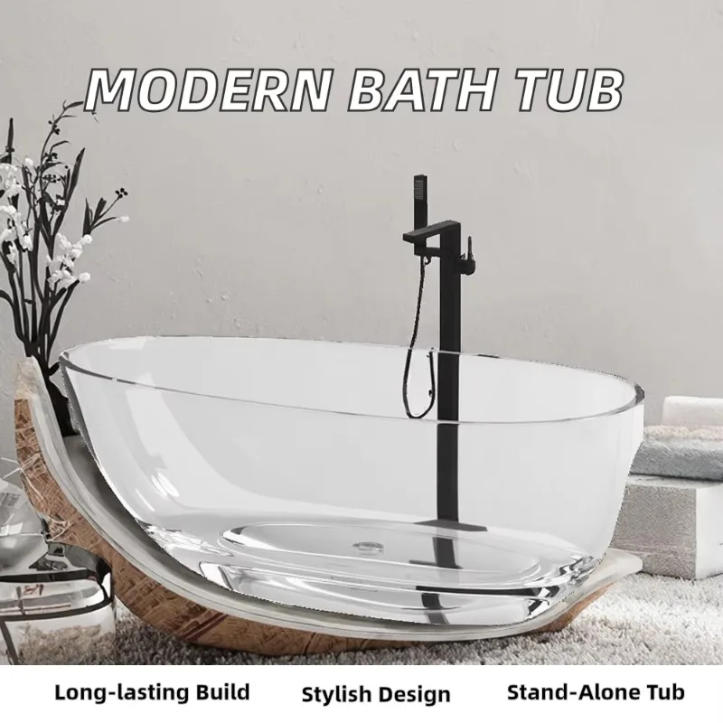 Modern Freestanding Hotel Bathtub With Included Faucet Eco-Friendly Resin Soaking Tub Transparent Solid Surface 5-Year Warranty