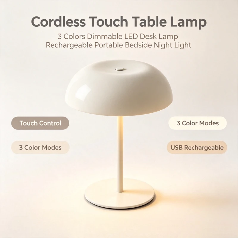 Cordless Touch Dimmable LED Table Lamp 3 Color Modes Rechargeable Portable Bedside Lamp for Home Office Gift