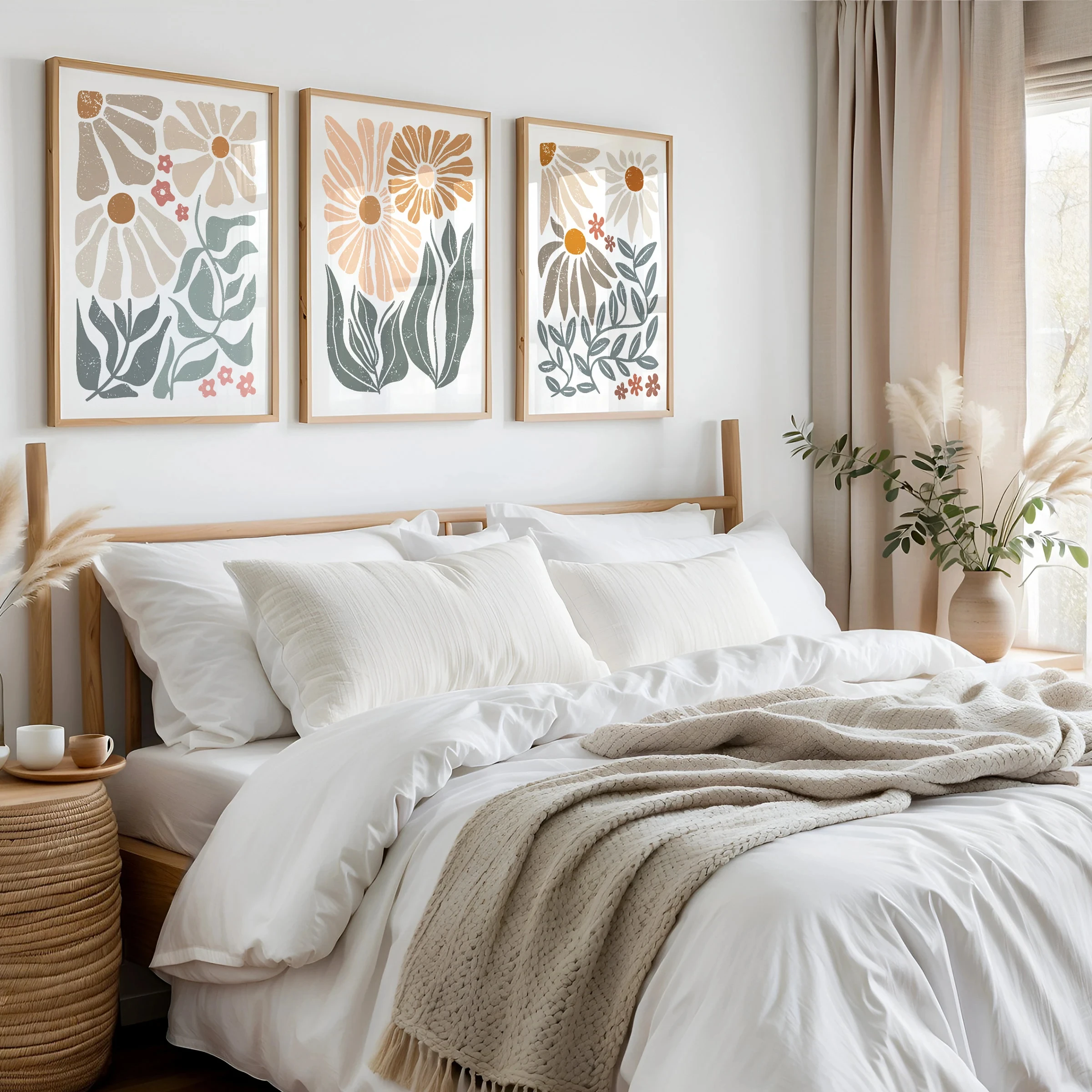 Boho Abstract Floral Canvas Wall Art Set, Neutral Mid-Century Botanical Prints, Minimalist Living Room Bedroom Home Decor Gifts
