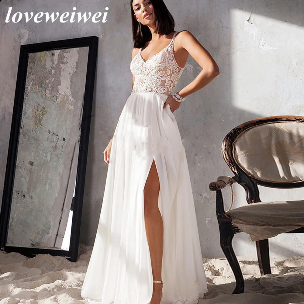 Simple V-Neck Front High Split Wedding Dresses For Women Custom Made 2022 Lace Appliques Chiffon Spaghetti Straps Bridal Gown