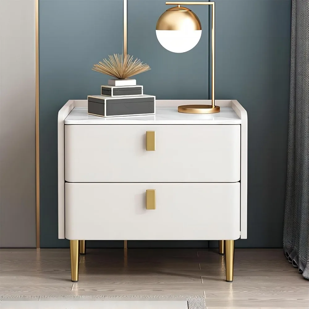 منضدة حديثة من منتصف القرن مع سطح حجري أبيض ومقابض معدنية، وطاولة بجانب السرير بدرجين #2