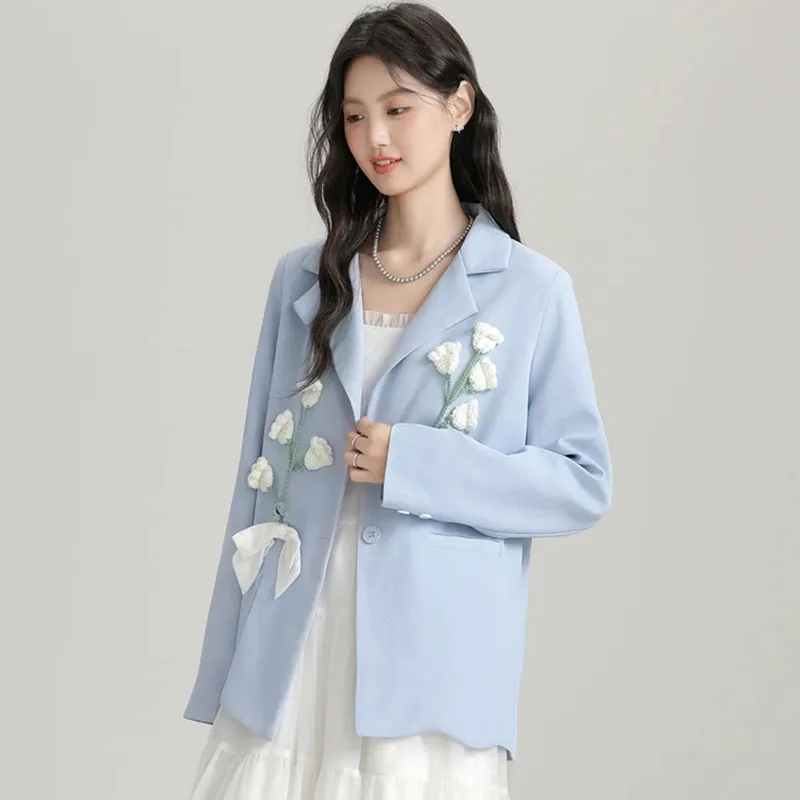 韓国女性用長袖ブレザージャケット 秋 レディース 無地 アウター 2025 ファム レジャー 立体フラワー スーツコート
