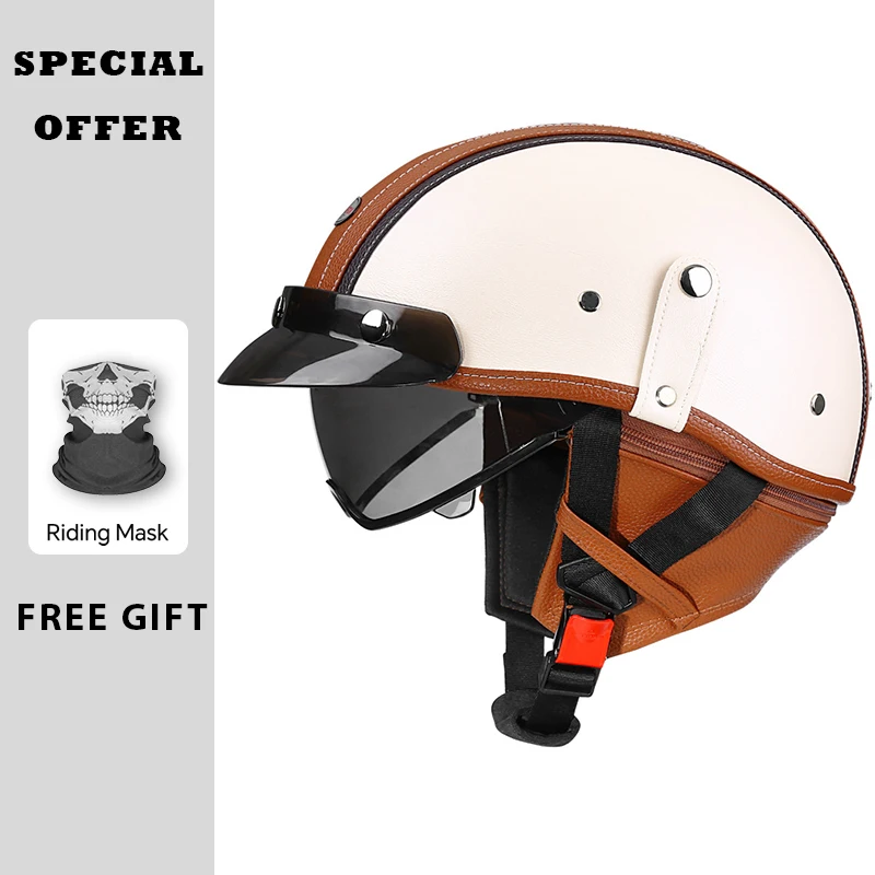 

New Arrivals Leather Half Face Helmet Motorcycle Helmets Built in HD Visor DOT ECE Retro 1/2 Open Half Helmet with Inner Lens