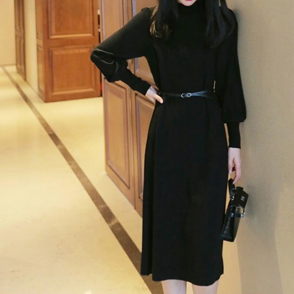 

2023 Stand Neck Long Lantern Sleeve Dress Autumn Winter Bottom Dresses Elegant Women Off Ladies Solid Color Belt Knittled Dress
