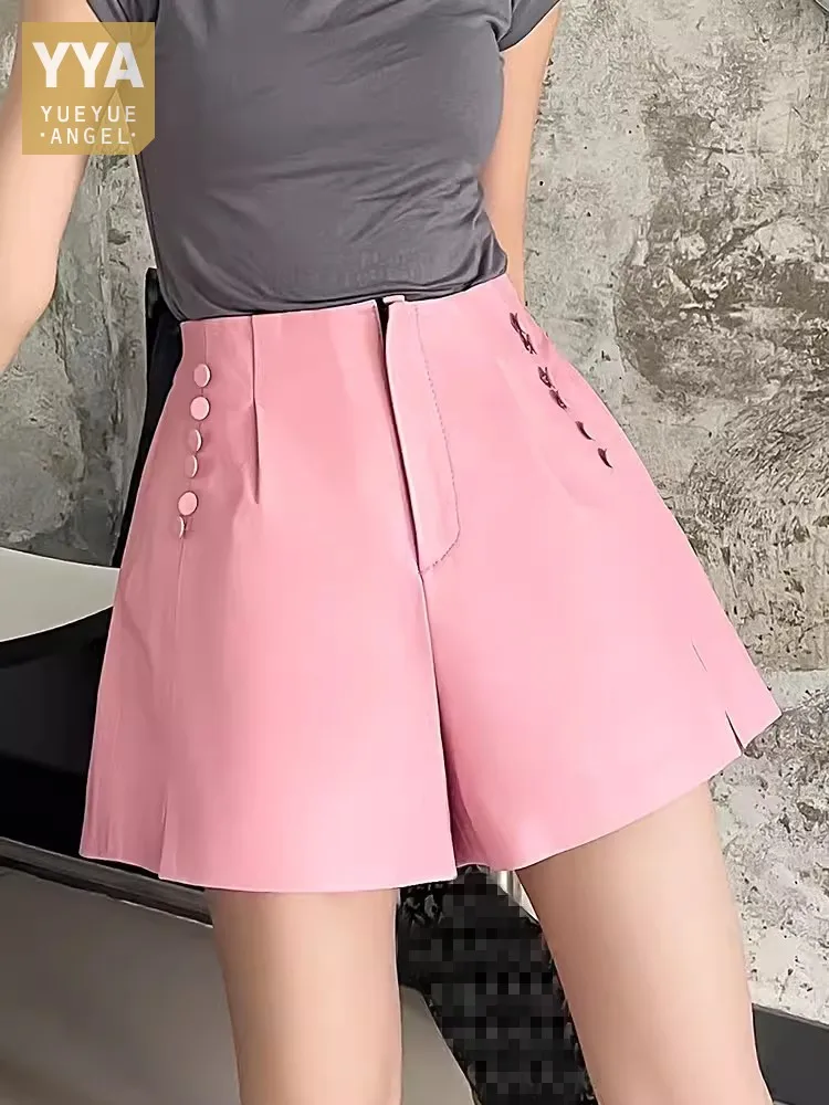 High Waist Women Sheepskin Genuine Leather Shorts Zipper New Solid Color Elastic Waist Wide Leg Shorts Lady Casual Mini Trousers