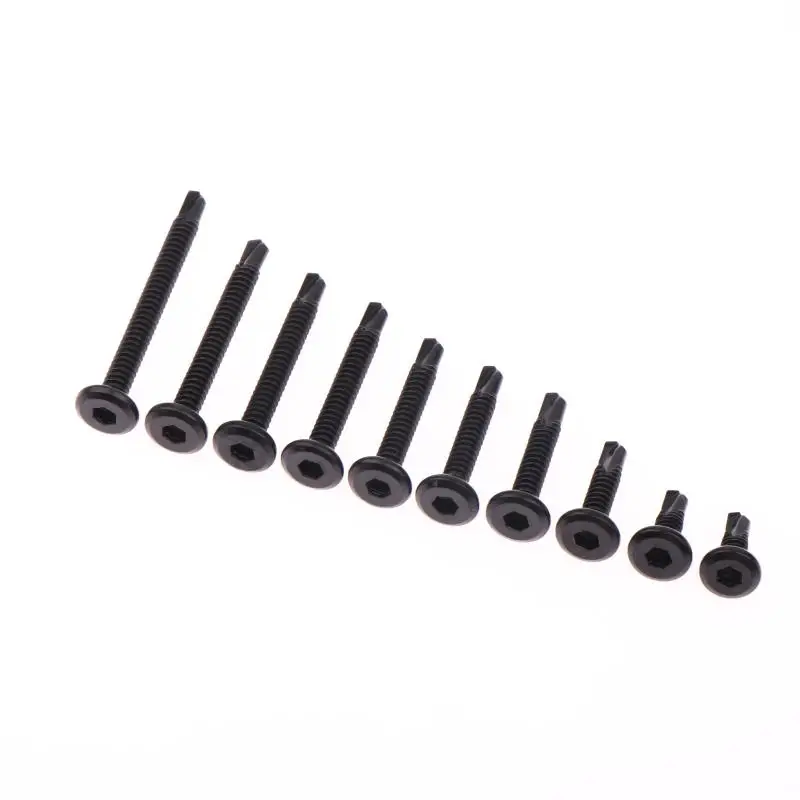 Parafusos de zinco preto autoperfurantes, conjunto de 10 peças, tampa sextavada de cabeça plana M5.5, perfeita para rosquear chapa metálica.
