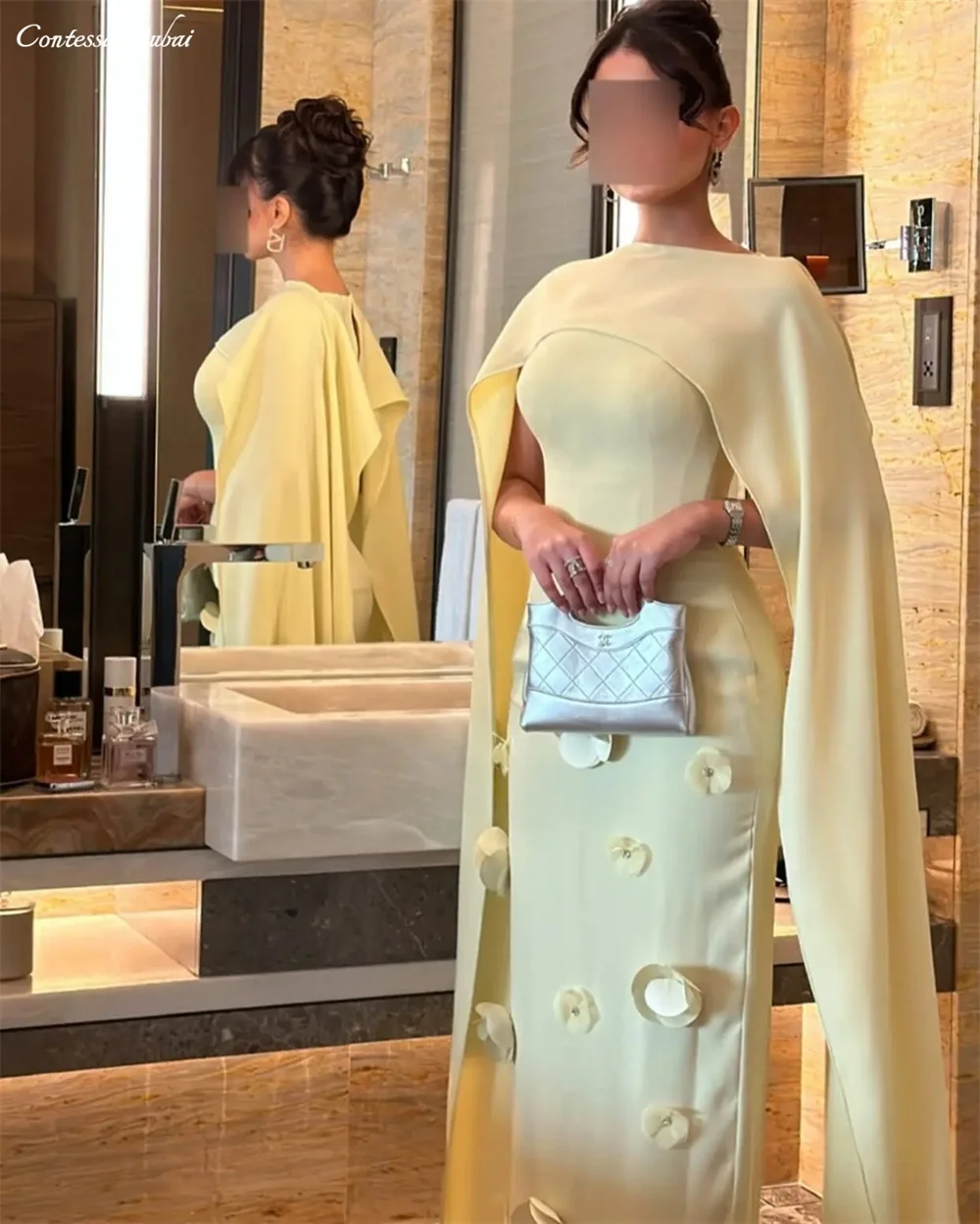 

Contessa Dubai Custom Yellow Chiffon Vest Cape Prom Dress With Elegant 3D Flower vestidos de gala Mermaid Formal evening dress