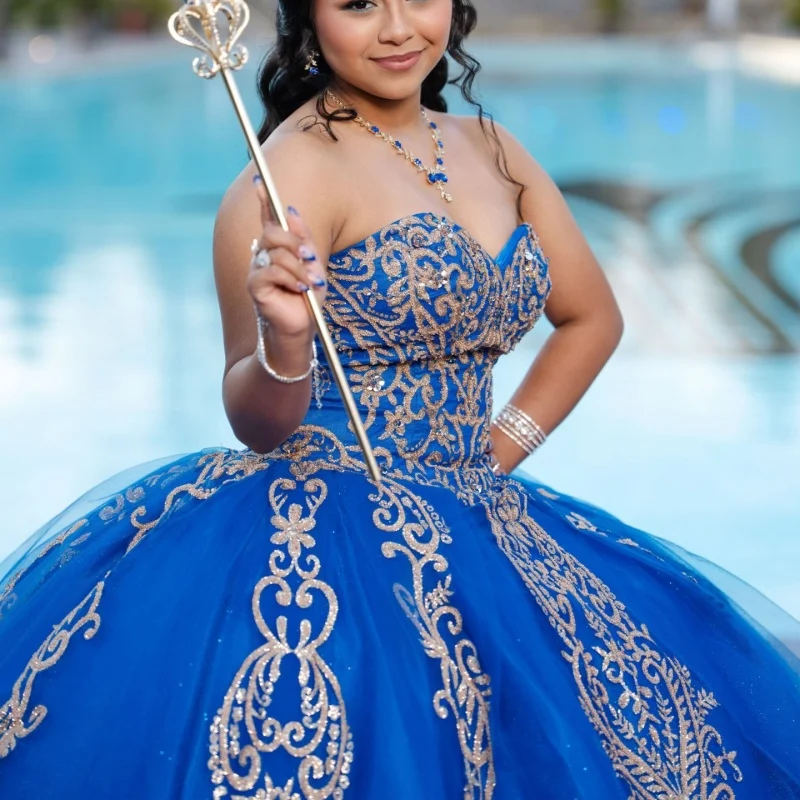 Royal Blue Quinceanera Dres Golden Glitter Crystal Decal Long Tail off-shoulder  Layering Vestidos De 15 Quinceanera ﻿Customize