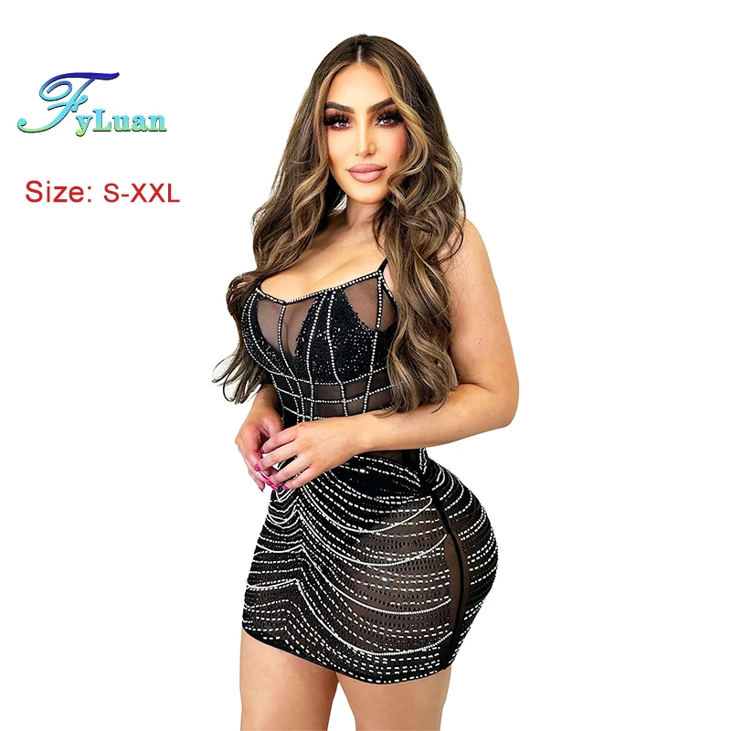Durchsichtiger, ausgeschnittener Taillen-Frauen-Hosenträger-Kurzrock, eng anliegend, sexy Pailletten-Hosenträger, mittellanger Rock, Abend- und Geburtstagsrobe