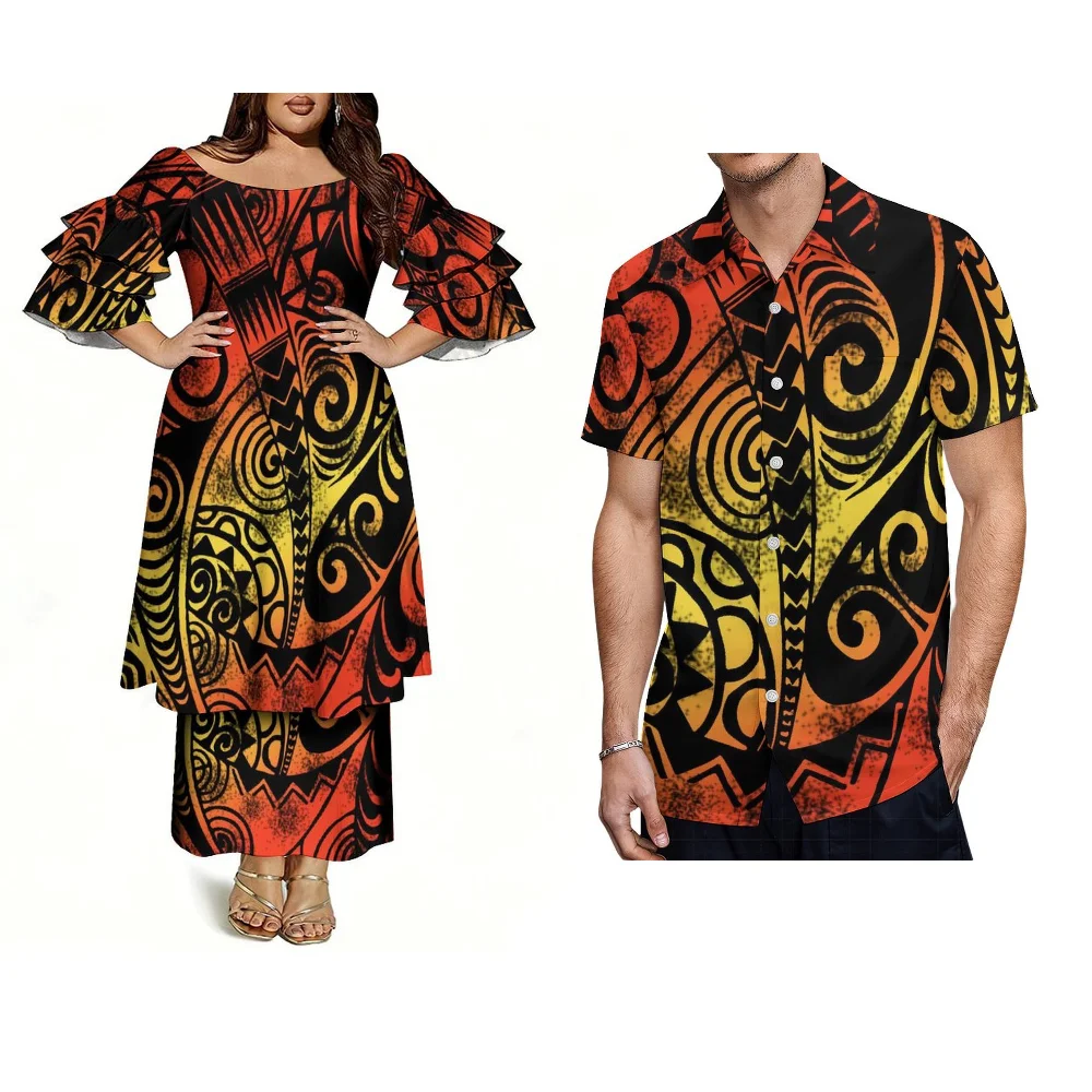 High-Quality Polynesian Island Samoa Family Party Couple Set Women'S Puletasi Dress And Men'S Short-Sleeved Shirt