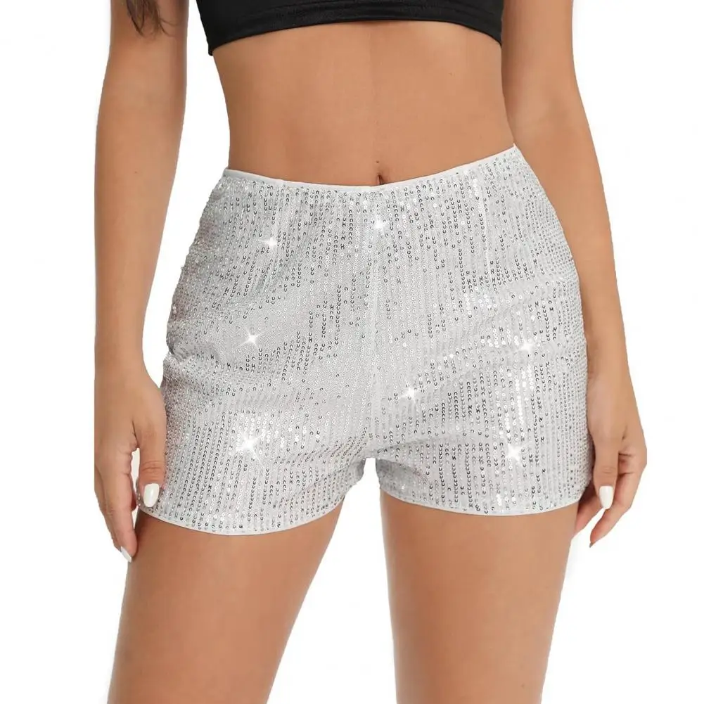2025 Women Shorts High Waist Shiny Sequin Straight Leg shorts Slim Fit Elastic Band Glittery Knee Length Club Party Mini Shorts