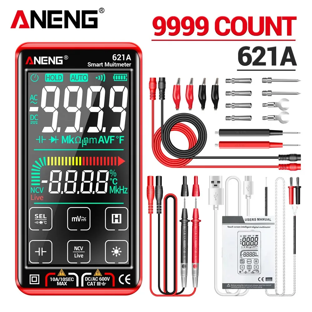 Multimeter Touch Screen Tester Rechargable NCV Induction AC DC Voltage Current 9999 Counts Multimetro Electrician DIY ANENG 621A
