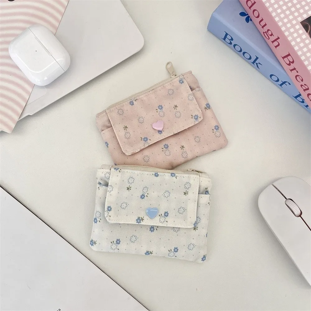 Portable Zipper Closure Coin Purse Double Layer Multifunctional Mini Wallets Floral Pattern Credit Card Storage Bag