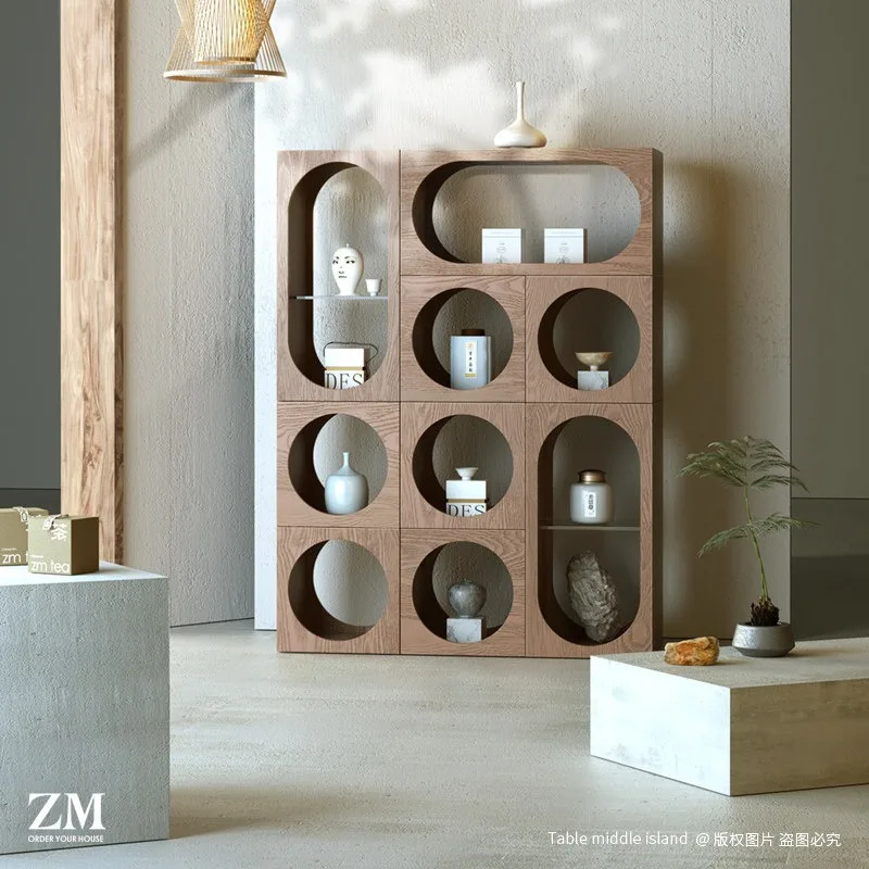 New Chinese style tea cabinet wall cabinet tea house room floor ceramic art display background cabinet shelf
