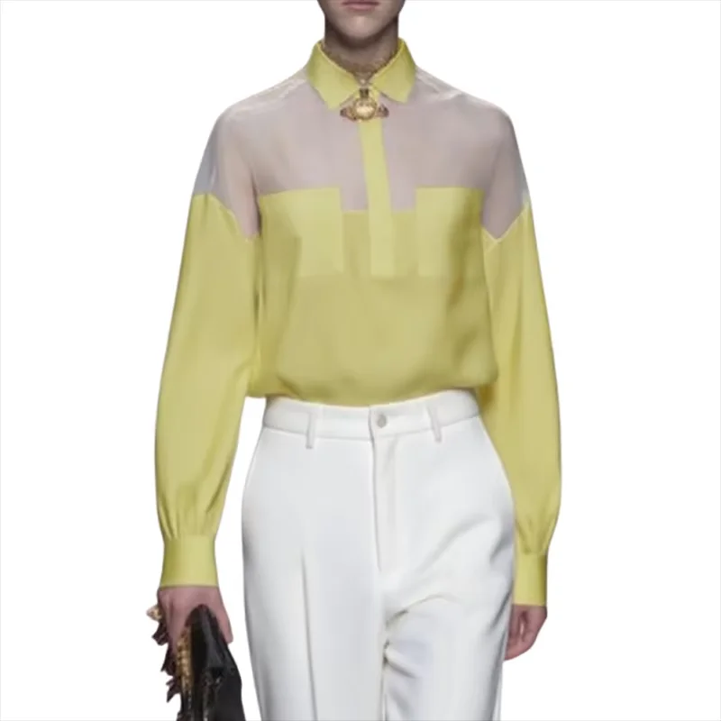 

Women's Spring Autumn 100%Cotton See-through Tops and Blouses 2025 New Urban Lapel Buttoned Long Sleeves Trendy Shirts for Women