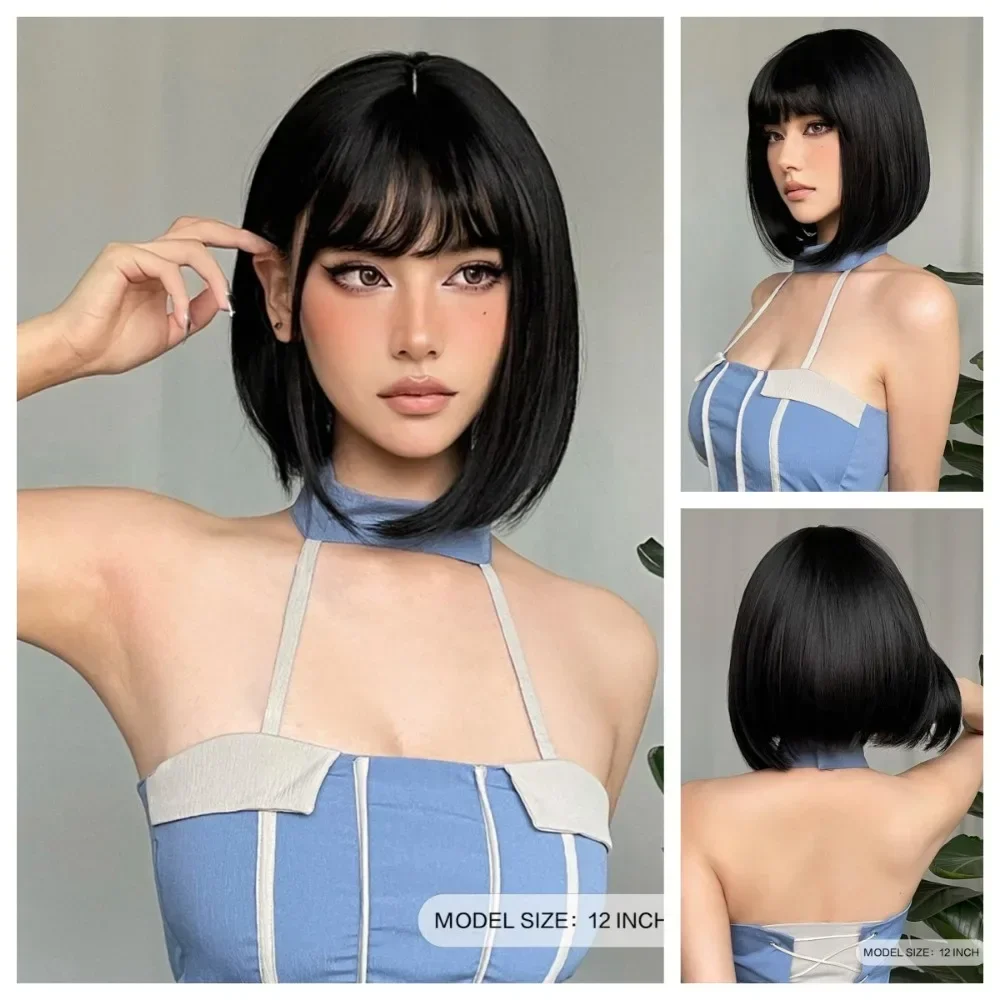 New wig Straight bangs Black Bob bobo short hair natural everyday chemical fiber hair for women Cosplay Party Heat Reisitant wig